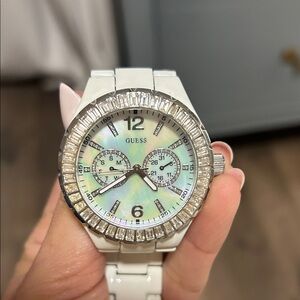 Guess Women’s Iridescent White and Silver Watch